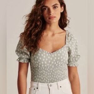 Abercrombie & Fitch Shirt Mint Green Polka Dot Smocked Waist Top Blouse